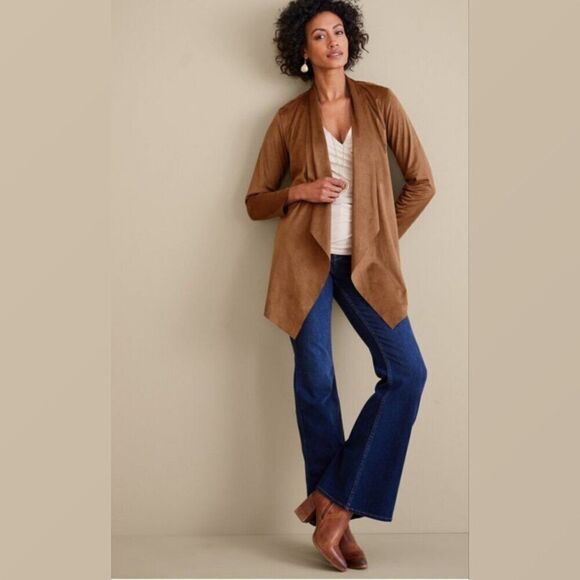 SOFT SURROUNDINGS Shape Drape Open Front Faux Suede Jacket Saddle Brown Sz 3X - Picture 1 of 12
